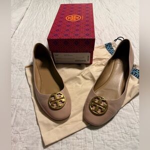 Tory Burch Blush Leather Ballet Flats with Gold Logo Medallion